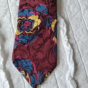 Lands' End Floral Hand-sewn 100% Silk Tie  Wine Gorgeous Like New